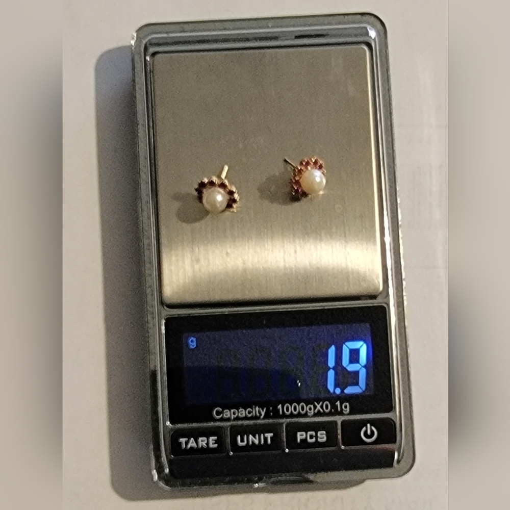 14k Yellow Gold Pearl & Garnet Halo Studs - Picture 7 of 7